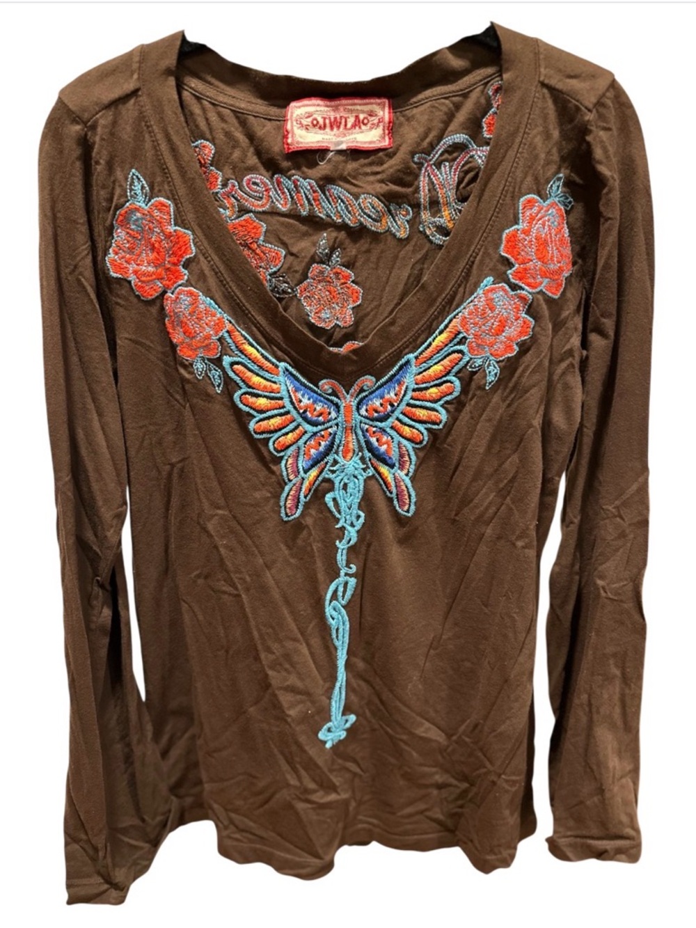 🤎🩵JWLA Johnny Was Brown Cotton Embroidered V-Neck Long Sleeve Top XL🦋